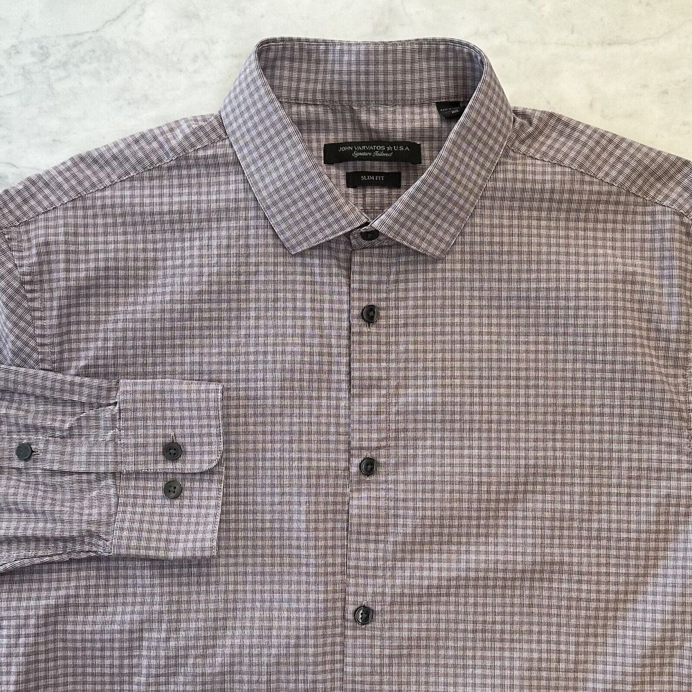 John Varvatos Men 16 34/35 M/L Slim Fit Signature Tailored Check Dress Shirt LS